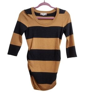 Pink Rose Striped Black and Tan Sweater With Side Gathers EUC